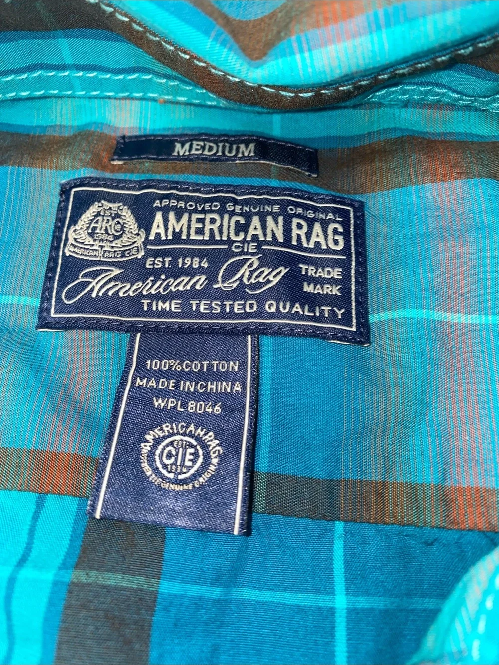 American Rag Cie Men’s Plaid Button Down Shirt Blue Teal Size Medium 100% Cotton
